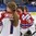 PLYMOUTH, MICHIGAN - APRIL 4: Czech Republic's Blanka Skodova #1 and Michaela Pejzlova #18 congratulate each other after a 4-2 win against team Switzerland during relegation round action at the 2017 IIHF Ice Hockey Women's World Championship. (Photo by Minas Panagiotakis/HHOF-IIHF Images)

